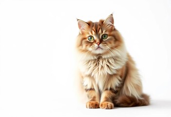 A fluffy British Shorthair cat sits on a pure white background, looking directly at the camera,  paws,  white background