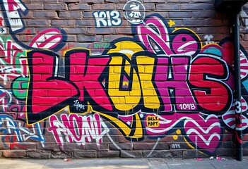 Vibrant graffiti art covers a brick wall, urban street backdrop, brick, contemporary
