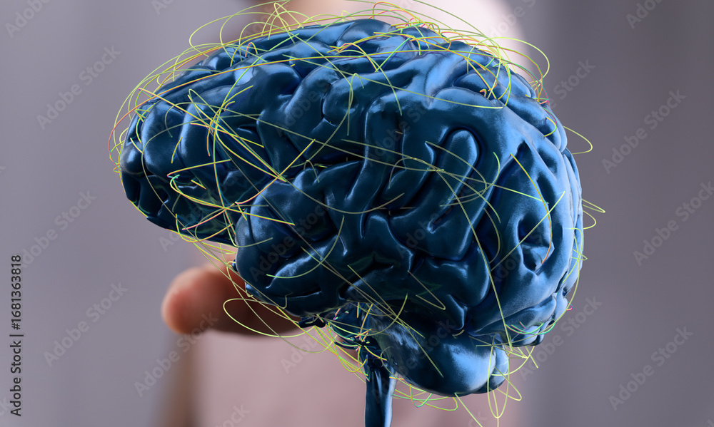 Poster 3d rendering of a human brain highlighting complex neural pathways and cognitive processes.