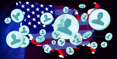 Obraz premium Visual representation of social connections across the United States. Network, community, USA.