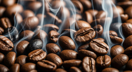 shot of coffee beans during roasting. Smoke comes from fresh coffee seeds