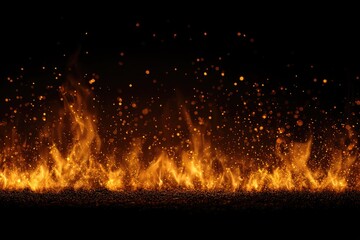 Fiery flames rising from a dark ground, with golden sparks against a black background