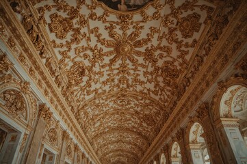 Luxurious golden ceiling decorations featuring intricate filigree and marble pillars in a grand palace hall.
