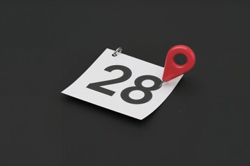 3D illustration of a significant date idea. The 28th day highlighted. Calendar sheet pinned with a notable event in red. schedule, moment, theme, planning, backdrop