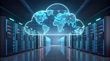 Digital cloud computing with earth map overlay in a server room