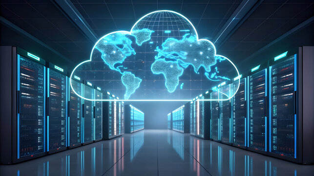Digital cloud computing with earth map overlay in a server room