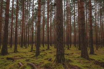 Fototapeta premium The photo highlights towering slender pine trees in a dense woodland, with a lush green moss carpet covering the ground beneath.