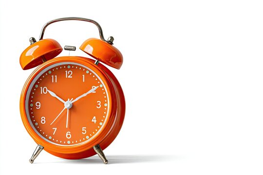 Vibrant orange alarm clock against white background
