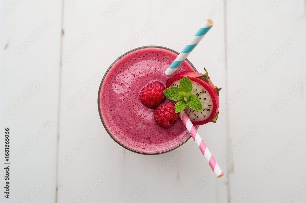 Poster dragon fruit and raspberry smoothie topped with fruit slices and straws, viewed from above on a whit