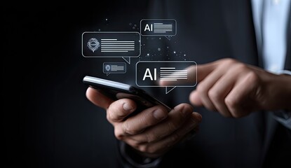 Businessperson interacting with a smartphone displaying AI interfaces