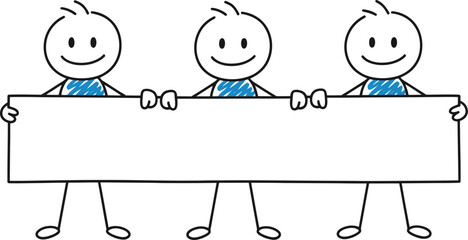 Stick figures holding blank sign banner presentation template editable