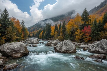 Fast-moving stream rushing through rocky terrain