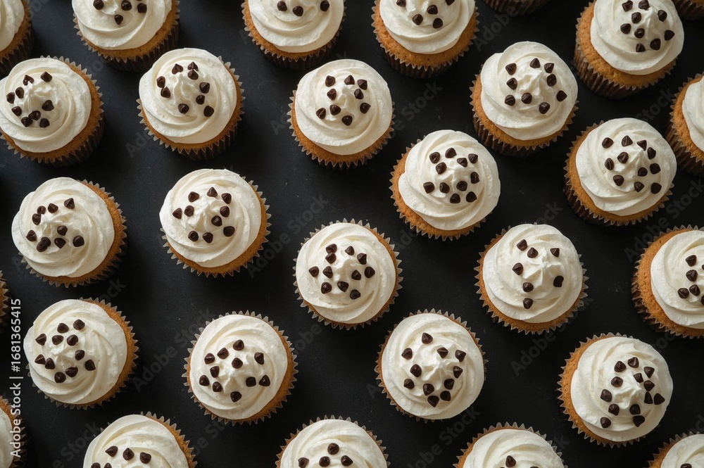 Poster multiple cupcakes arranged on a dark background, decorated with white frosting and chocolate bits. t