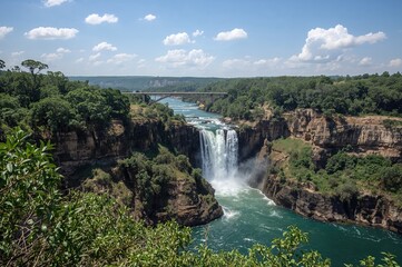Fototapeta premium Conservation zone with lagoon, waterfall, bridge, and trees under a warm summer sun