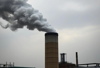 Grim, industrial smokestack belching black smoke against a gray sky,  earth,  industry