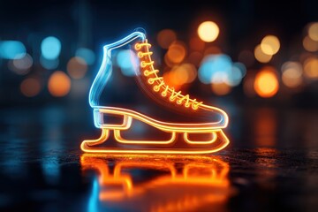 High quality photo of neon ice skate glowing against a blurred city background.