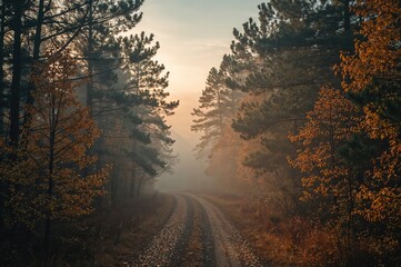 Trail intersecting foggy fall woodland at dawn