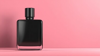 Black perfume bottle on a pink background