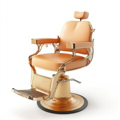 A vintage-style barber chair, light peach colored leather, ornate gold accents