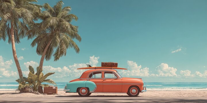 Fototapeta Vintage car on beach with surfboards, palm trees, and ocean