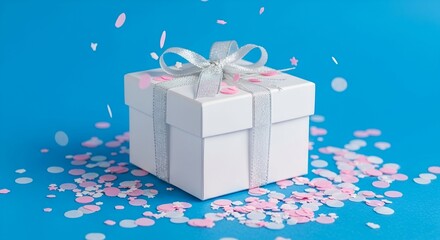 A beautiful white present with a silver ribbon sits on a blue background as pink confetti falls. A perfect image for birthdays, weddings, baby showers, anniversaries, or any celebration.