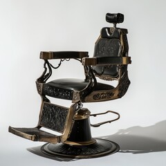 Ornate black leather barber chair with gold accents