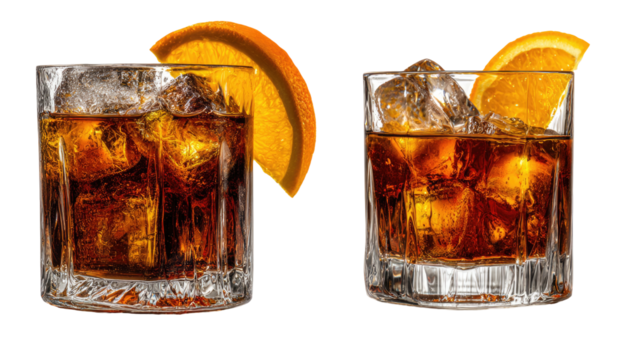 Two dark, amber cocktails garnished with orange slices, filled with ice