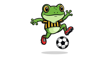 Frog Football Star: A cheerful cartoon frog, dressed in athletic attire, dribbles a soccer ball with skillful determination.