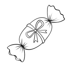 Wrapped candy with ribbon bow, outlined for festive holiday coloring pages and sweet-themed illustrations