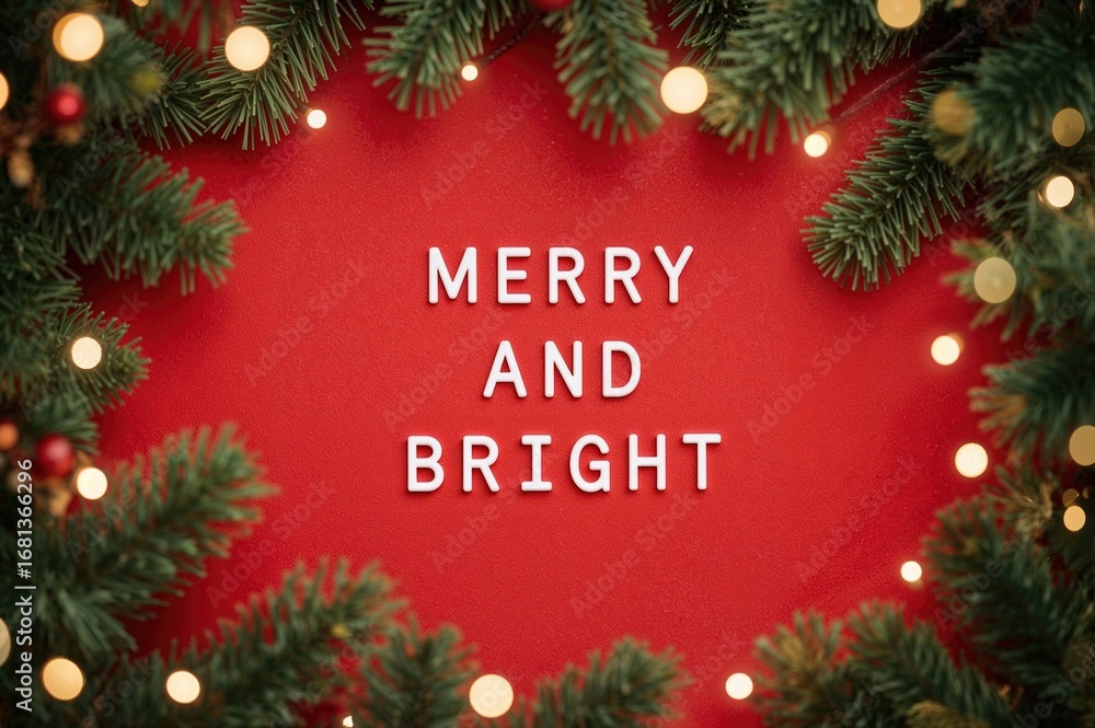 Poster letter board displaying 'merry and bright' with a gift box and fir branches on a textured red surfac