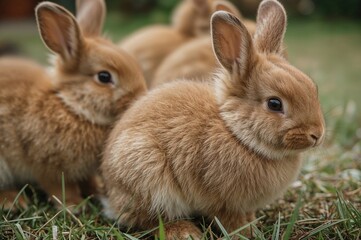 Fototapeta premium Cute fuzzy brown bunnies in a lush garden environment, showcasing a sweet young bunny. Detailed close-up of a rabbit symbolizing the spirit of springtime celebrations.