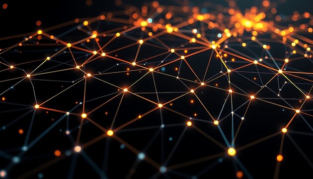 Abstract digital network glowing with orange and yellow nodes on black background