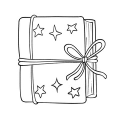 Magic spell book with stars and ribbon, outlined for coloring pages and fantasy or Halloween designs