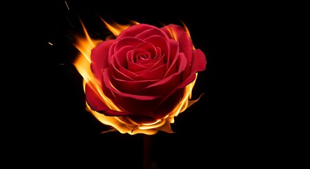 Vibrant red rose isolated on black background with glowing edges