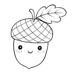 Cute acorn cartoon with smiling face, outlined for coloring pages and kids’ activity sheets © jari.art