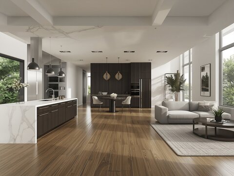 Luxury Apartment Interior with Open Kitchen and Lounge,
Contemporary Home with Integrated Kitchen and Living Space,
Ultra Realistic Modern Open Concept Living and Kitchen Design,modern living room