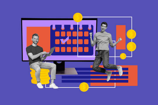Trend artwork composite collage design of office manager computer monitor two young guy jump work laptop sit coins goal business trader - Powered by Adobe