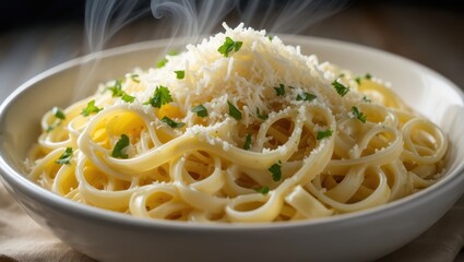 Steaming bowl of delicious pasta with cheese and herbs