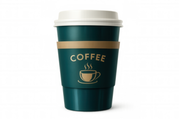 Eco-friendly green disposable coffee cup with white lid, branded cardboard sleeve, positioned against transparent background