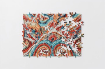 Jigsaw puzzle pieces scattered on a plain white surface