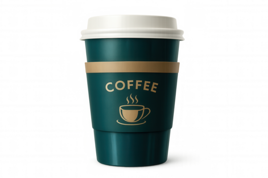 Eco-friendly green disposable coffee cup with white lid, branded cardboard sleeve, positioned against transparent background