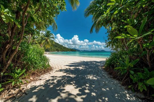 Fototapeta Scenic path through a tropical island landscape