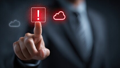 Businessperson's finger touching a red exclamation point graphic over a cloud symbol, highlighting a cloud-based issue