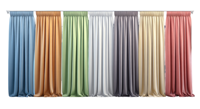 A row of drapes in various pastel colors
