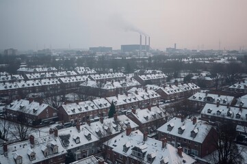Obraz premium Frosty streets and snowy rooftops in a residential area during winter with chimney smoke in the distance, highlighting the chilly atmosphere.