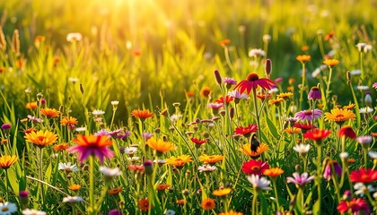 Sun-drenched meadow bursting with wildflowers, vibrant colors, petals, countryside