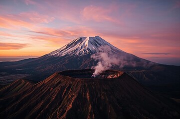 Volcanic crater illuminated by the setting sun