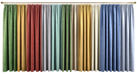 Row of various colored curtains, hanging