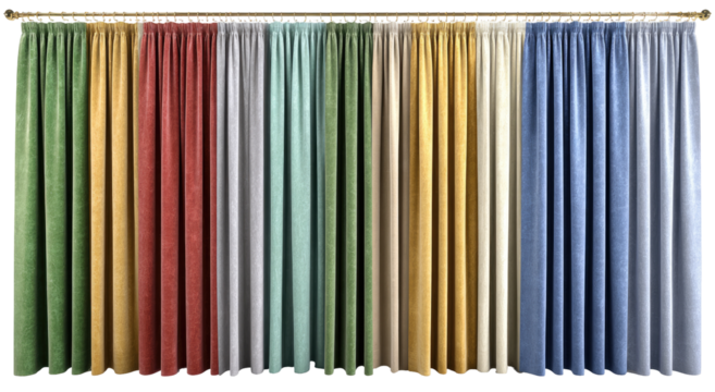 Row of various colored curtains, hanging