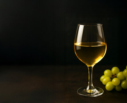 Glass of white wine with a cluster of green grapes on a dark background, close-up view.